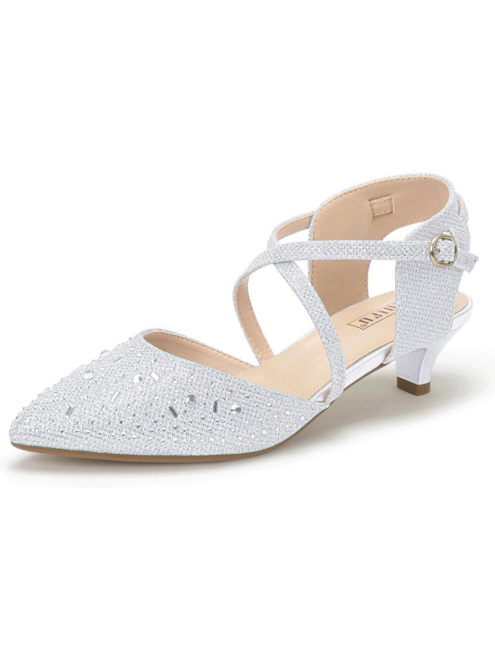 Women's Silver Comfortable Pointed Toe Ankle Strap Kitten Low Heels Pumps Shoes